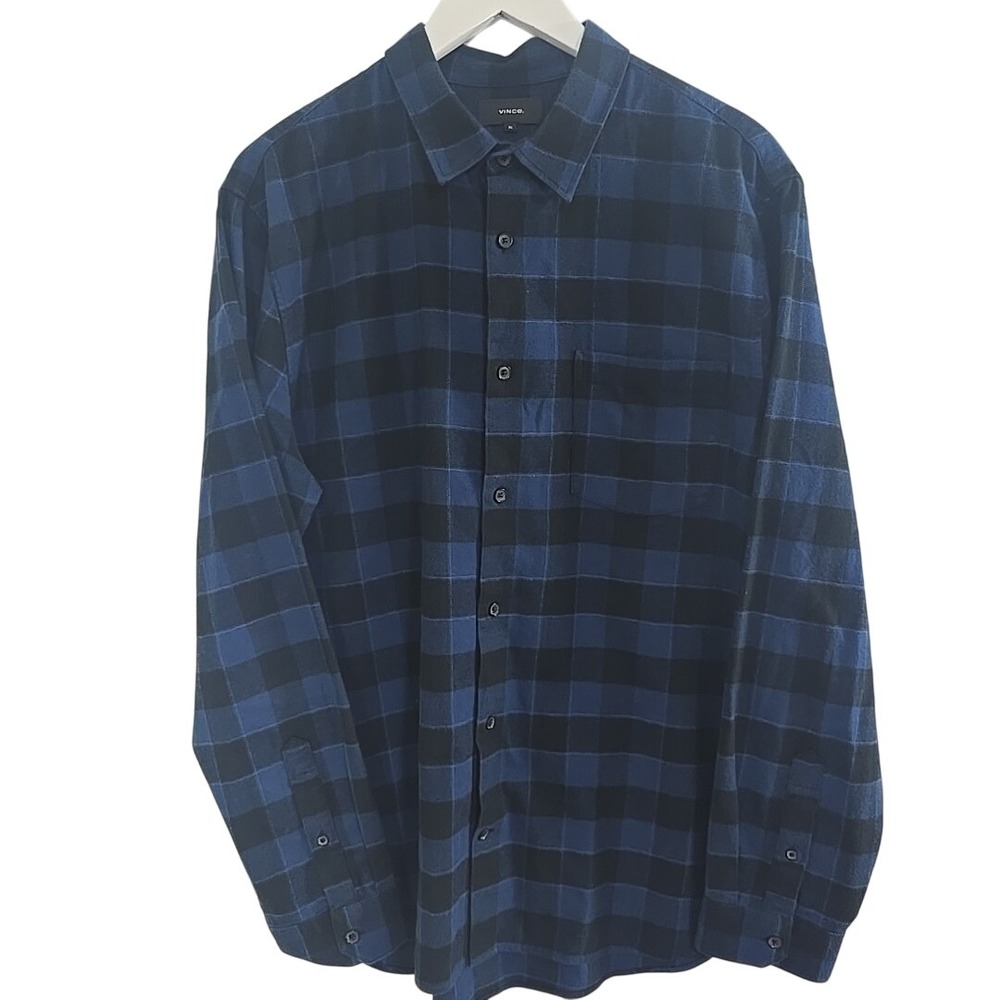 Vince Mens Oceanside Plaid Flannel Button Up XL Blue Black Outdoor Cabin